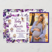 パープルフェアリーフローラベビーシャワー写真招待状 招待状 (正面/裏面)