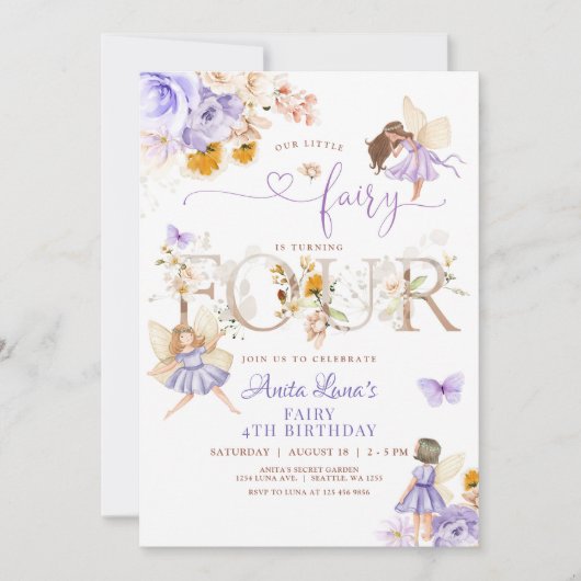 パープルフェアリー蝶の魔法のフローラ4th誕生日 招待状 (正面)