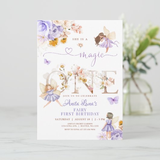 パープルフェアリー魔法ワン誕生日バタフライマジカル 招待状 (スタンド正面)