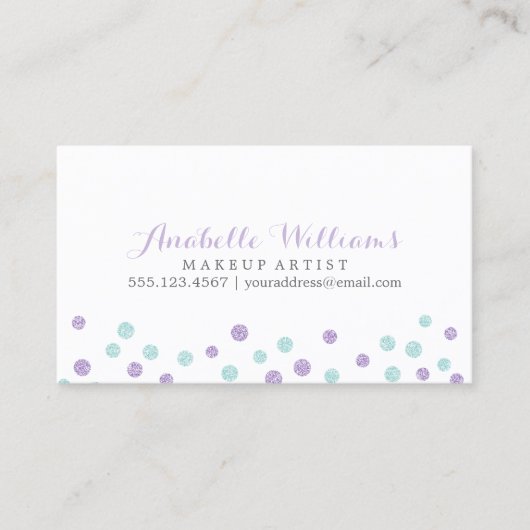 パープルフェイクとミントのグリッター紙吹雪ドット 名刺 (正面)