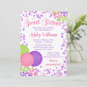 パープルフェイクグリッターキャンディテーマスイーツ16 招待状 (スタンド正面)