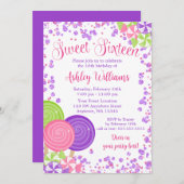 パープルフェイクグリッターキャンディテーマスイーツ16 招待状 (正面/裏面)