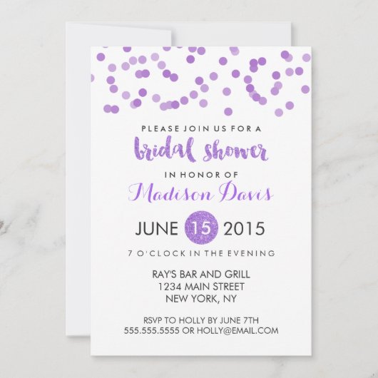 パープルフェイクグリッターブライダルシャワー 招待状 (正面)