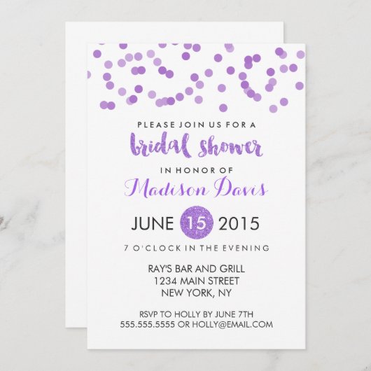 パープルフェイクグリッターブライダルシャワー 招待状 (正面/裏面)