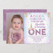 パープルフェイクグリッターワンフォトユニコーン1歳の誕生日 招待状 (正面/裏面)