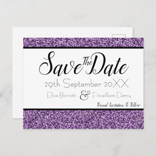 パープルフェイクグリッター日付ポストカードの保存 ポストカード (正面/裏面)