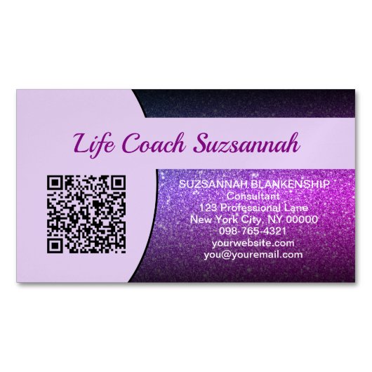 パープルフェイクグリッターQRコードプロフェッショナル マグネット名刺 (正面)