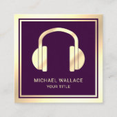 パープルフェイクゴールドフォイルヘッドフォンミュージックDJ スクエア名刺 (正面)