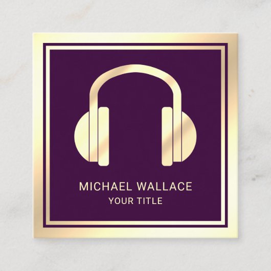 パープルフェイクゴールドフォイルヘッドフォンミュージックDJ スクエア名刺 (正面)