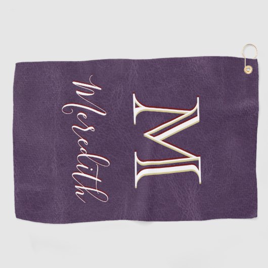 パープルフェイクレザーユニーク3色モノグラム名 ゴルフタオル (横)