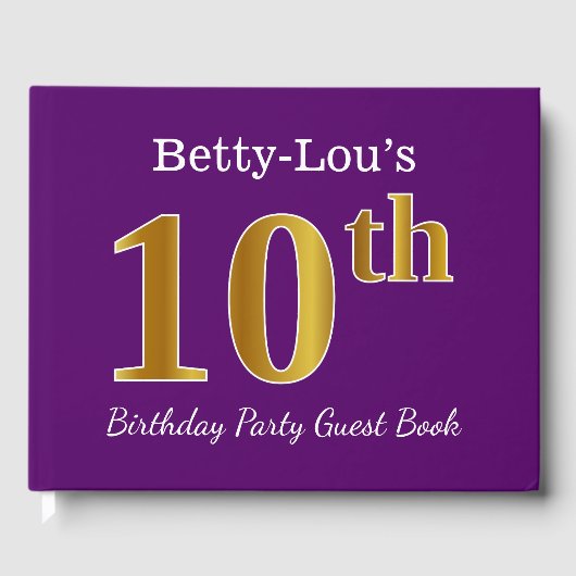 パープルフェイク金ゴールド10th誕生日パーティー;名前をカスタムする ゲストブック (正面)