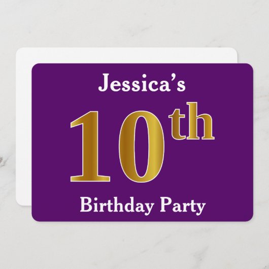 パープルフェイク金ゴールド10th誕生日パーティー;名前をカスタムする 招待状 (正面/裏面)