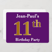 パープルフェイク金ゴールド11th誕生日パーティー；名前をカスタムする 招待状 (正面/裏面)