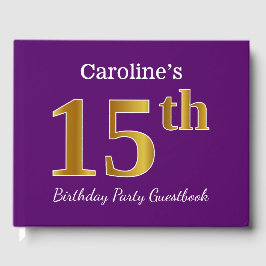 パープルフェイク金ゴールド15th誕生日パーティー；名前をカスタムする ゲストブック
