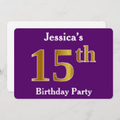 パープルフェイク金ゴールド15th誕生日パーティー；名前をカスタムする 招待状 (正面/裏面)