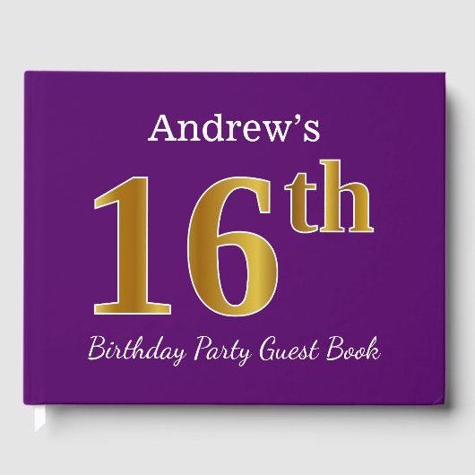 パープルフェイク金ゴールド16th誕生日パーティー；名前をカスタムする ゲストブック (正面)