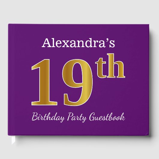 パープルフェイク金ゴールド19th誕生日パーティー;名前をカスタムする ゲストブック (正面)