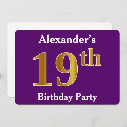 パープルフェイク金ゴールド19th誕生日パーティー；名前をカスタムする 招待状 (正面/裏面)
