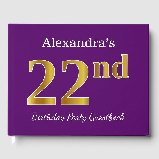 パープルフェイク金ゴールド22nd誕生日パーティー;名前をカスタムする ゲストブック (正面)