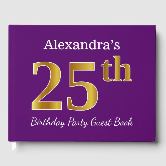 パープルフェイク金ゴールド25th誕生日パーティー;名前をカスタムする ゲストブック (正面)
