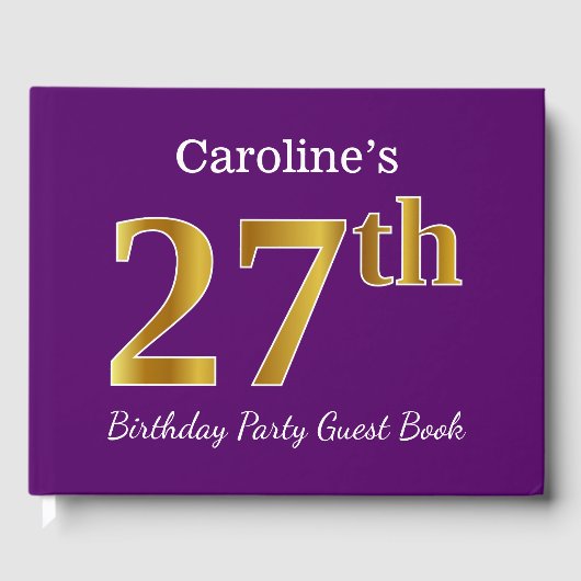 パープルフェイク金ゴールド27th誕生日パーティー；名前をカスタムする ゲストブック (正面)