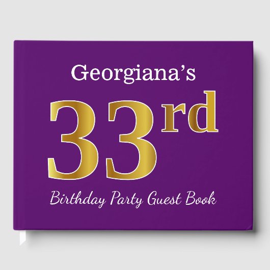 パープルフェイク金ゴールド33rd誕生日パーティー；名前をカスタムする ゲストブック (正面)