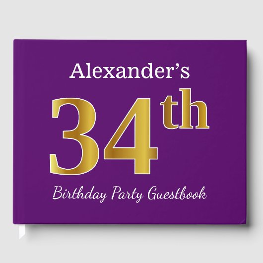 パープルフェイク金ゴールド34th誕生日パーティー；名前をカスタムする ゲストブック (正面)