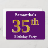 パープルフェイク金ゴールド35th誕生日パーティー;名前をカスタムする 招待状 (正面/裏面)