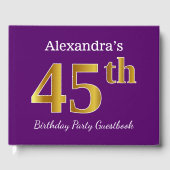 パープルフェイク金ゴールド45th誕生日パーティー;名前をカスタムする ゲストブック (正面)