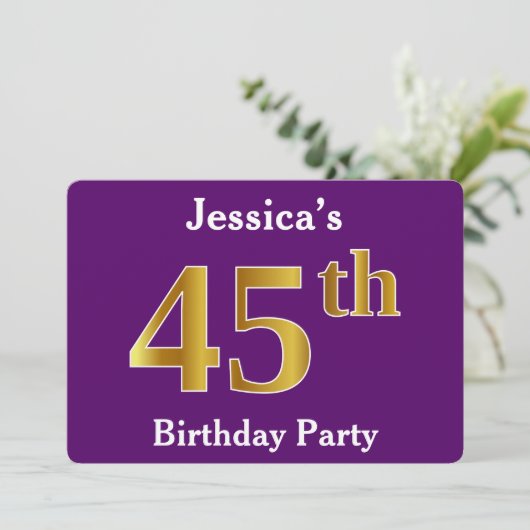 パープルフェイク金ゴールド45th誕生日パーティー;名前をカスタムする 招待状 (スタンド正面)