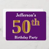パープルフェイク金ゴールド50th誕生日パーティー；名前をカスタムする 招待状 (正面/裏面)