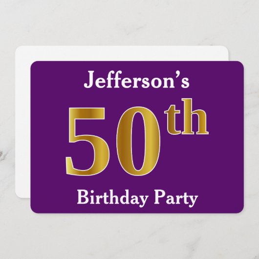 パープルフェイク金ゴールド50th誕生日パーティー；名前をカスタムする 招待状 (正面/裏面)