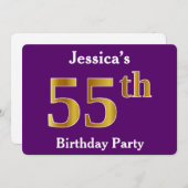 パープルフェイク金ゴールド55th誕生日パーティー；名前をカスタムする 招待状 (正面/裏面)