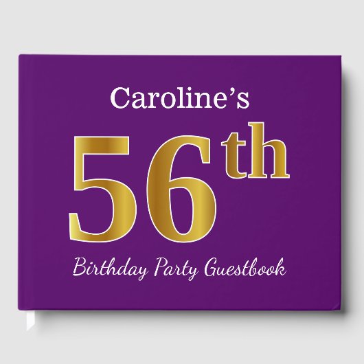 パープルフェイク金ゴールド56th誕生日パーティー;名前をカスタムする ゲストブック (正面)