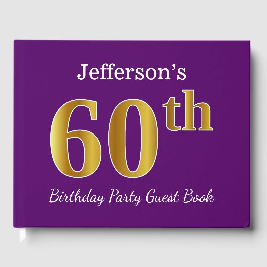 パープルフェイク金ゴールド60th誕生日パーティー;名前をカスタムする ゲストブック (正面)