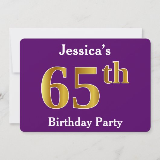 パープルフェイク金ゴールド65th誕生日パーティー;名前をカスタムする 招待状 (正面)