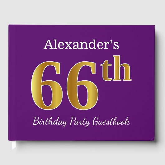パープルフェイク金ゴールド66th誕生日パーティー;名前をカスタムする ゲストブック (正面)