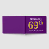 パープルフェイク金ゴールド69th誕生日パーティー;名前をカスタムする ゲストブック (全面)