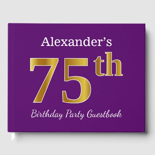 パープルフェイク金ゴールド75th誕生日パーティー；名前をカスタムする ゲストブック (正面)