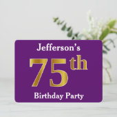 パープルフェイク金ゴールド75th誕生日パーティー;名前をカスタムする 招待状 (スタンド正面)