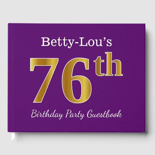 パープルフェイク金ゴールド76th誕生日パーティー；名前をカスタムする ゲストブック (正面)
