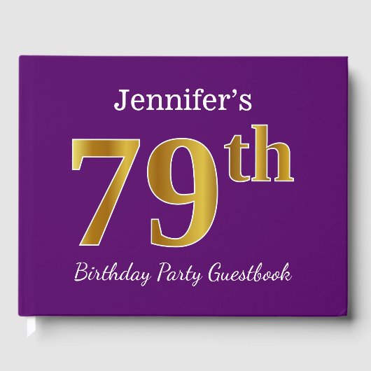 パープルフェイク金ゴールド79th誕生日パーティー;名前をカスタムする ゲストブック (正面)