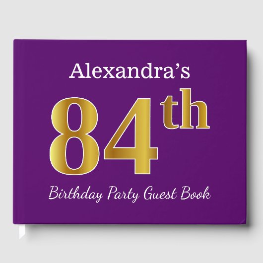 パープルフェイク金ゴールド84th誕生日パーティー;名前をカスタムする ゲストブック (正面)