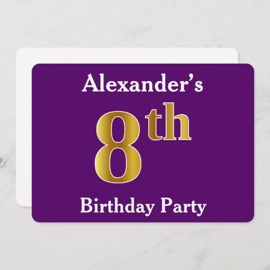 パープルフェイク金ゴールド8th誕生日パーティー+名前をカスタムする 招待状 (正面/裏面)