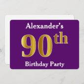 パープルフェイク金ゴールド90th誕生日パーティー;名前をカスタムする 招待状 (正面/裏面)