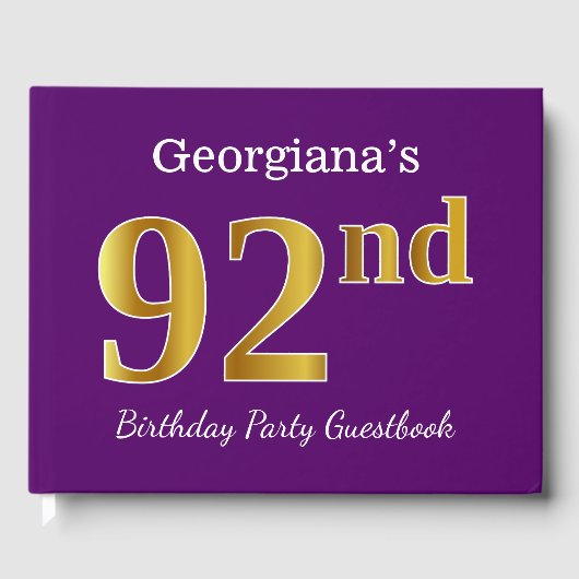 パープルフェイク金ゴールド92nd誕生日パーティー;名前をカスタムする ゲストブック (正面)