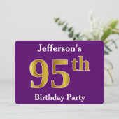 パープルフェイク金ゴールド95th誕生日パーティー;名前をカスタムする 招待状 (スタンド正面)