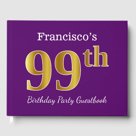 パープルフェイク金ゴールド99th誕生日パーティー；名前をカスタムする ゲストブック (正面)