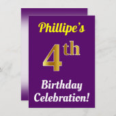 パープルフェイク、金ゴールド4th誕生日お祝い+名前 招待状 (正面/裏面)