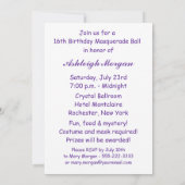 パープルフェザーマスクスウィート16マスカレードパーティー 招待状 (裏面)